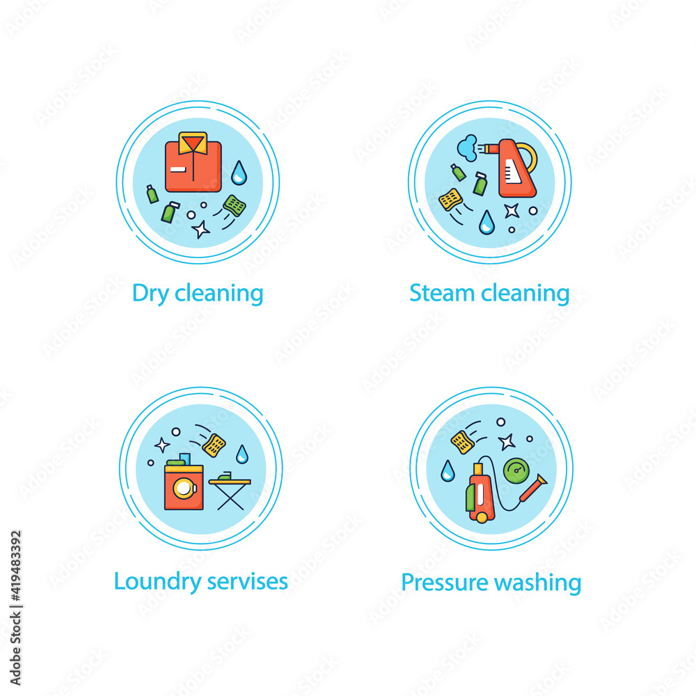 Obraz premium Cleaning services concept icons set.Consists of dry cleaning, laundry, steaming, pressure washing. Cleanup concepts.Vector isolated conception metaphor illustrations