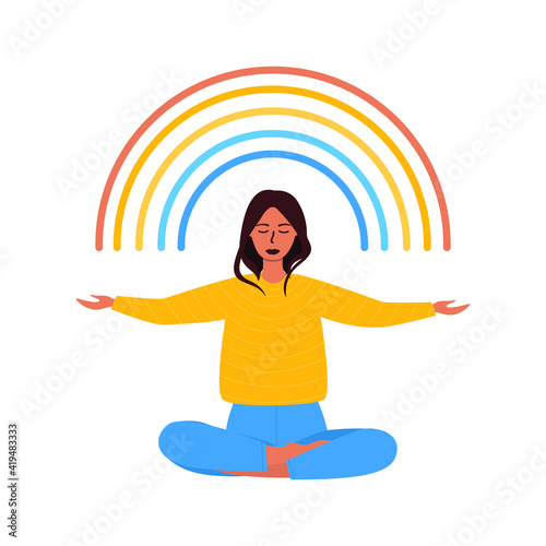 Flat vector cartoon illustration of a woman sitting in a lotus position and opening her arms to meet a rainbow. The concept of creating a good atmosphere around you, the joy of life and self-love.