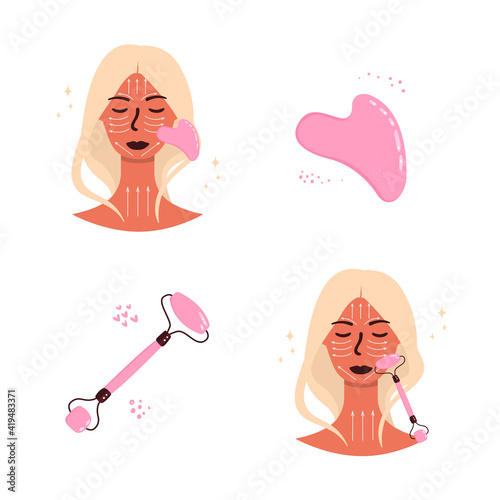 Flat vector cartoon illustration of a woman with a quartz face roller and a gua sha scraper. The concept of taking care of your face with a massage using traditional Chinese medicine massagers