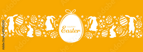 Orange happy easter greeting card with easter eggs and rabbits. Minimalist design for packing banner header