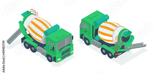 Mixer truck. Isometric vector illustration in flat style on a white background.