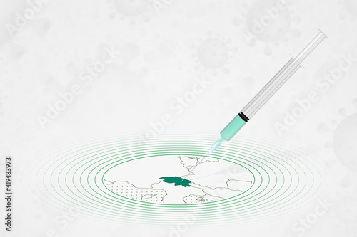 Switzerland vaccination concept, vaccine injection in map of Switzerland. Vaccine and vaccination against coronavirus, COVID-19.