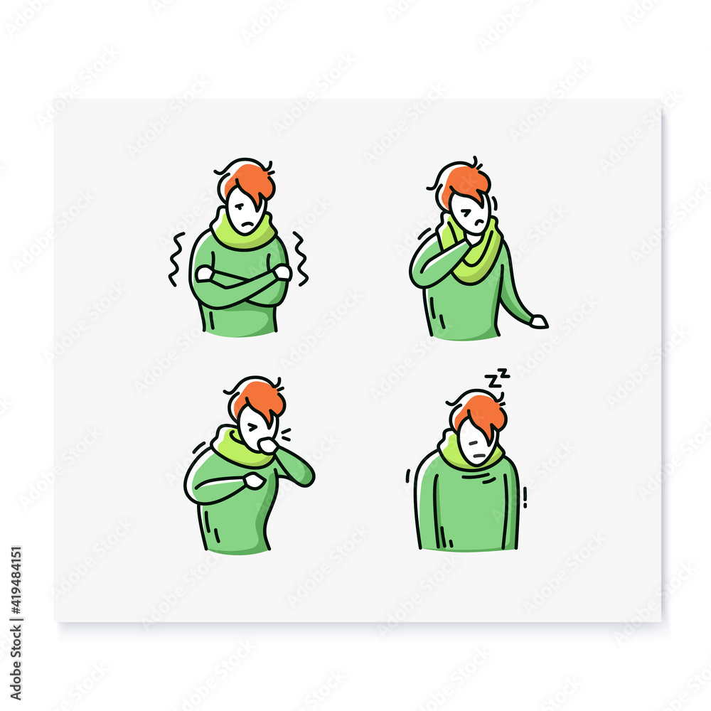 Fototapeta premium Flu color icons set.Fever.Headache.Muscle or back aches.Sore throat.Coronavirus symptoms.Health problem.Isolated vector illustration