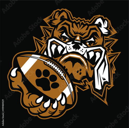 bulldog football mascot holding ball in paw for school, college or league