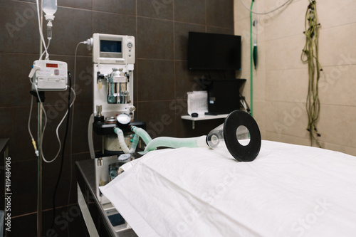Oxygen and professional equipment placed in operating room of modern veterinary clinic