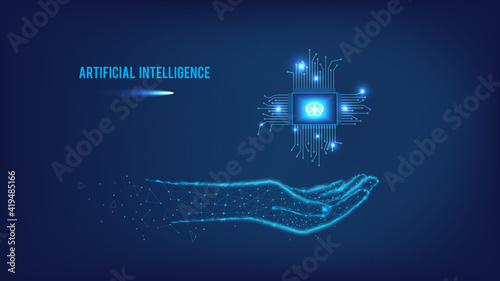 Data analysis concept and concepts of modern technologies such as nanotechnology, machine learning. Artificial intelligence.Chip, brain in hand from triangles and points on dark blue background.