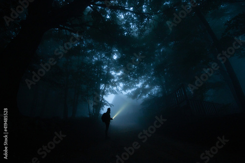 Side view of anonymous male trekker silhouette on pathway illuminating night woods with flashlight