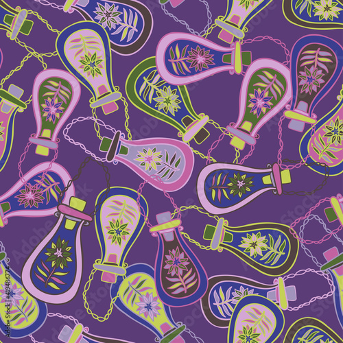 Seamless colorful vector pattern of ornamental flowers in test tube