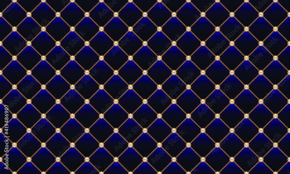 Fototapeta premium Luxury blue background in retro style with golden chains and pearl beads. Seamless vector illustration. Upholstery background.