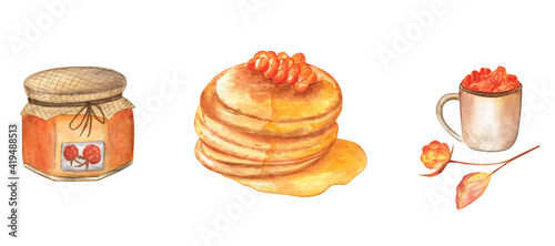 Cloudberry jam, pancakes with cloudberries and a cup full of berries. Watercolor illustration of white isolated background. Cute small set of objects. Good for stickers.