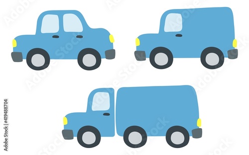 A set of three cute children's cars in blue colors. Design for paper, textile and decor.