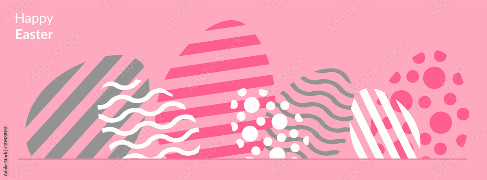 Happy Easter greeting card on pink background with beautiful eggs. Vector illustration. Spring minimalistic background. Perfect for holiday decoration and spring greeting cards, banner,poster.