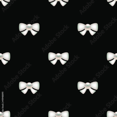 White bows and pearls on a black background. Seamless 3D Vector illustration. 