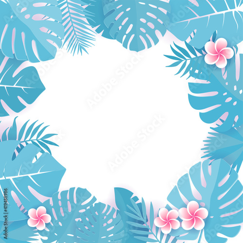 Abstract background with blue cyan tropical leaves. Jungle patternwith frangipani flowers. Floral caper cut design background. Vector square illustration with space for text. Tropical greeting card.