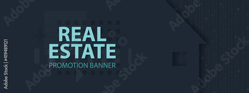 Real estate promotional banner template, blue house pattern