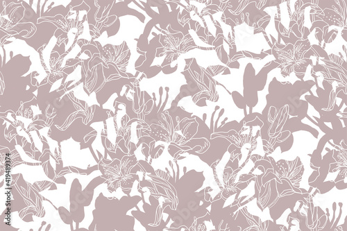 One color spotted seamless pattern with silhouettes of lilies flowers, buds and leaves drawn by hand in freehand style. Home textile, wallpaper, bedding, fabric, package.