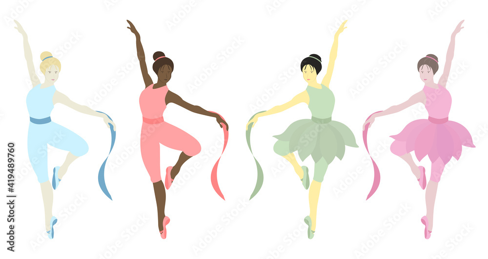 Vector illustration of dancing ballerinas.Prima in tutu skirt ballet costumes and pointe shoes.Girls have different skin colors.Ethnicity (national): African, Asian, Chinese, European, Latin American