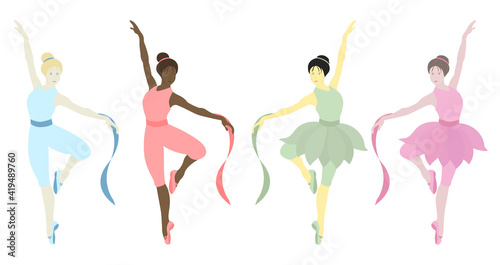 Vector illustration of dancing ballerinas.Prima in tutu skirt ballet costumes and pointe shoes.Girls have different skin colors.Ethnicity (national): African, Asian, Chinese, European, Latin American