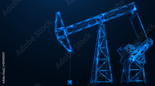 Industrial oil pumping tower. Fuel production. Polygonal construction of concatenated lines and points. Blue background.