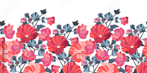Fototapeta Naklejka Na Ścianę i Meble -  Vector floral seamless pattern, border. Red, pink mallow flowers, blue leaves. Garden blooming flowers isolated on a white background.