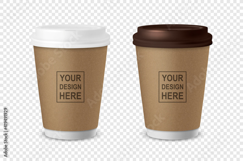 Vector 3d Realistic Paper or Plastic Brown Disposable Tea, Coffee Cup Set with White and Brown Lid Isolated on Transparent Background. Stock Vector Illustration. Design Template. Front View