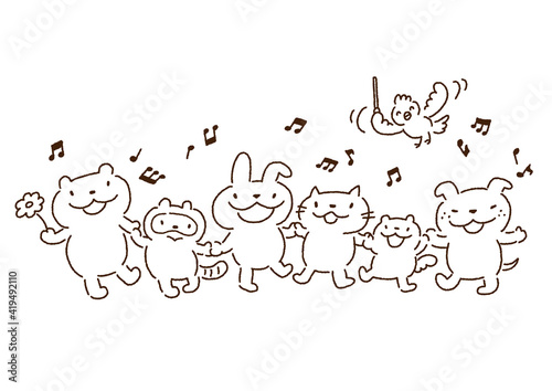 楽しく歌う仲良しな動物たちの線画イラスト／Black-and-white line drawing illustrations of good friends singing happily