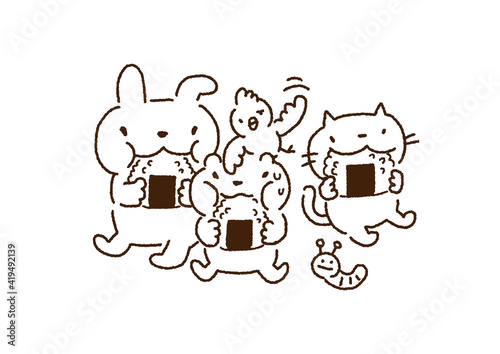 仲良くおにぎりを食べる動物たちの白黒イラスト／Monochrome illustrations of animals eating rice balls with friends