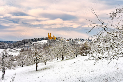 Winterlandschaft mit Wallfahrtskirche Schönenberg und Tagungshaus in Ellwangen (Jagst) photo