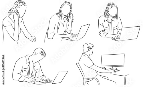 5 Mitarbeiter Businessmann Businessfrau im HomeOffice Konturen Zeichnungen Vektor Grafik Lineart