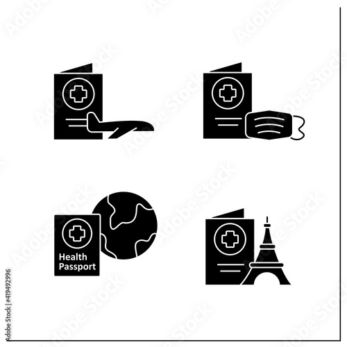 Health passport glyph icons set.Document for traveling. Information about health status. Fight against Coronavirus. Vaccination card and mask.Filled flat sign. Isolated silhouette vector illustration