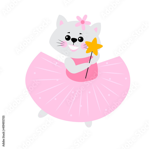 Cute Small Cat Girl Ballerina Dance Isolated. Ballet Dancer Baby Princess Character Jump Motion. Elegant cat wear Pink Tutu Dress. Beautiful Kid Flat Cartoon Vector Illustration