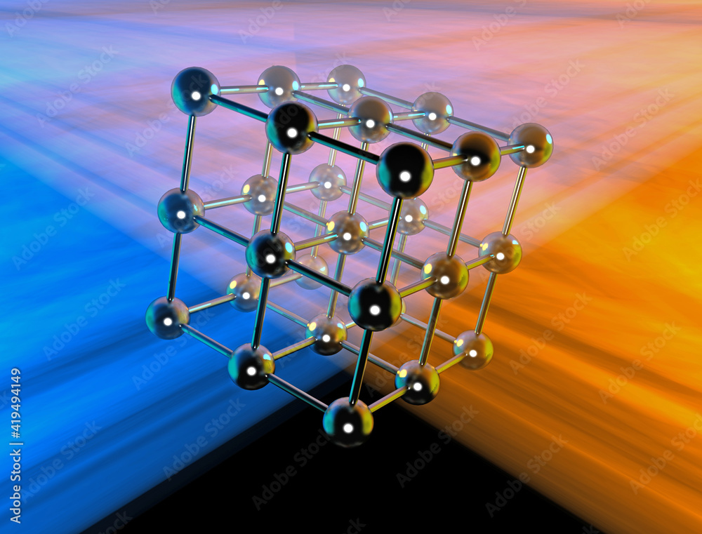 Obraz premium metal cube molecular structure in orange and blue light rays