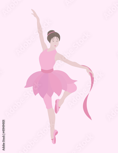 Vector illustration of dancing ballerin.Prima in pink tutu skirt, classical ballet costumes and pointe shoes.Graceful pretty young girl.Cute cartoon style vector isolated, white background.Dance poses