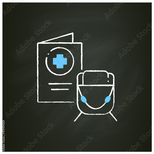 Health passport chalk icon. Necessary document about health status for travel. Vaccinated card.Surely put in bag.Covid19 concept. Isolated vector illustration on chalkboard