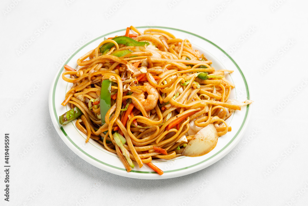 close up of Chinese style shrimp noodles close up of Chinese style shrimp noodles