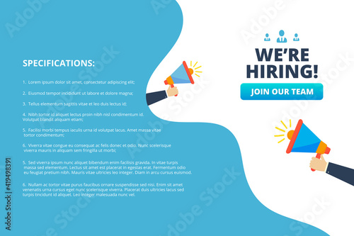 We're hiring symbol,  Business recruiting concept. Male hand holding megaphone.
