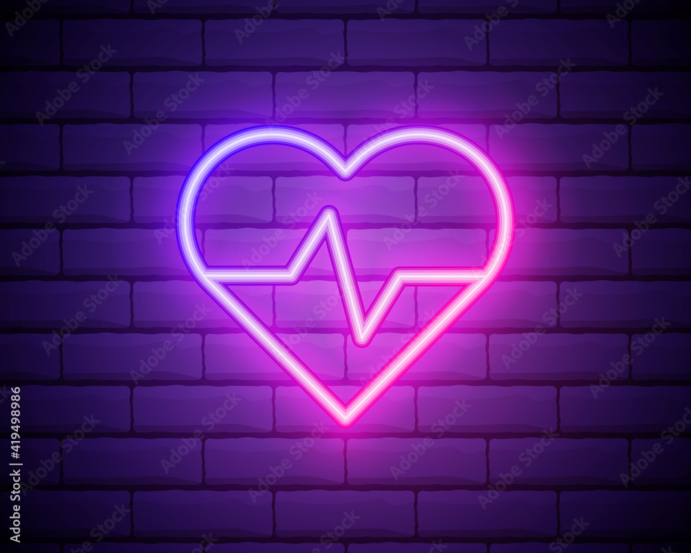 Glowing neon medicine concept sign with cardiogram graph in heart shape on a brick wall background. Drugstore or hospital luminous advertising signboard. Vector illustration.