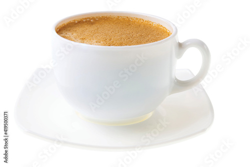 Close up view of brewed cup coffee isolated on white background. Food and drinks concept.