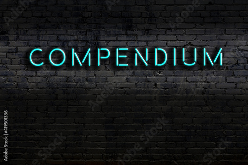 Night view of neon sign on brick wall with inscription compendium