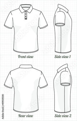 T-shirt polo template set, front, side, back view. Vector  illustration.
