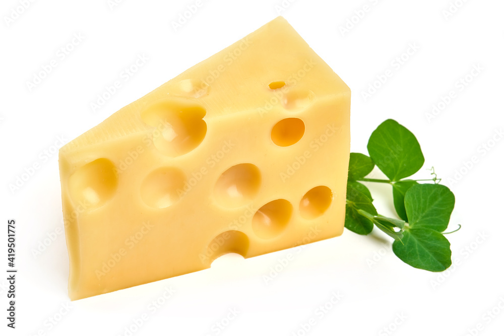 Emmental cheese triangle, Swiss cheese, isolated on white background