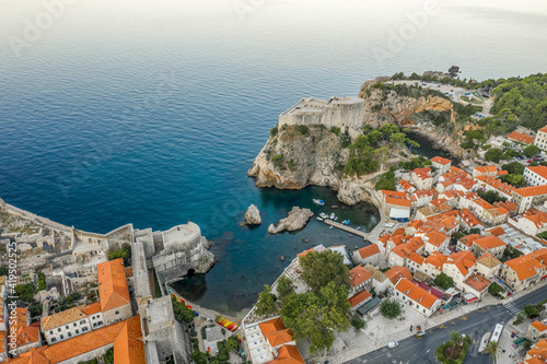 Aerial drone shot of West Habour in Dubrovnik old town before sunrise in Croatia summer morning