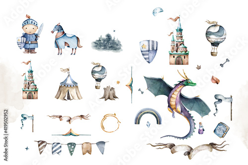 Fairytale brave cute little knight and the castle, dragon. Hand drawn watercolor cartoon set for kid greeting card