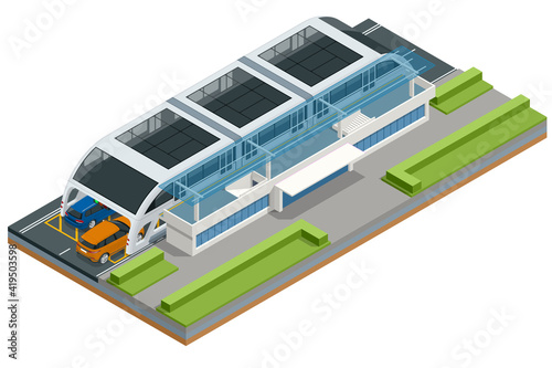 Isometric Transit Elevated Bus in China. Straddling bus, straddle bus, land airbus, or tunnel bus Road vehicle designed to carry many passengers.