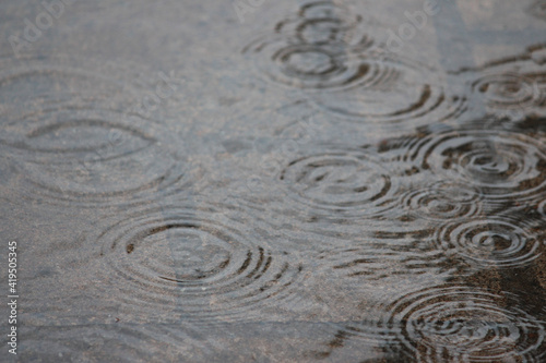 Puddle of water, with ripples showing on the surface from the rain that is falling down