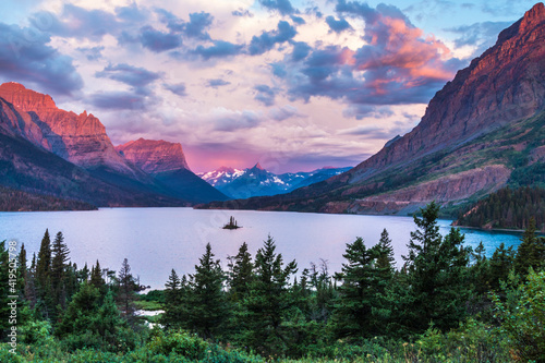 peaceful sunrise in St.Mary's Lake and Wild Goose Island in Glacier National Park in Montana.