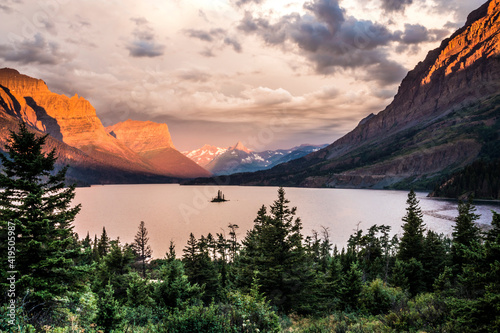 peaceful sunrise in St.Mary s Lake and Wild Goose Island in Glacier National Park in Montana.