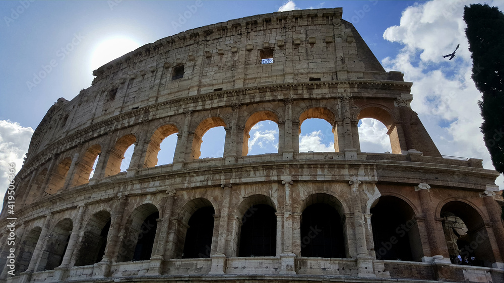Fototapeta premium Colosseum Rome Backlight bird blue sky beautiful