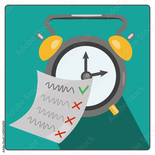 Vector illustration of Time Management concept.Alarm clock and to-do list on blue background.Cute cartoon style vector isolated.Icon with long shadow.Sign.Wake-up time morning.Yellow bell.Gray paper
