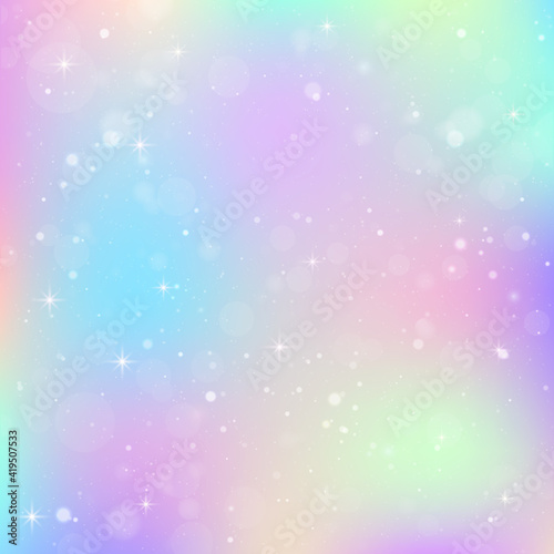 Unicorn background with rainbow mesh. Colorful universe banner in princess colors. Fantasy gradient backdrop with hologram.
